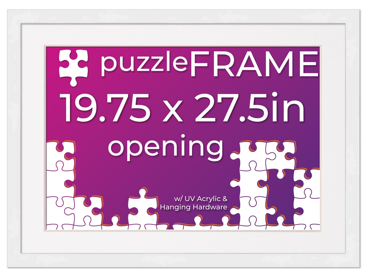 White Wood Puzzle Frame Kit with Glue Sheets, White Mat, Backing, UV Acrylic - Available in 20 Popular Sizes